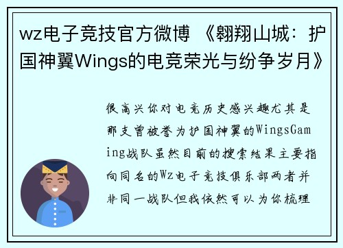 wz电子竞技官方微博 《翱翔山城：护国神翼Wings的电竞荣光与纷争岁月》